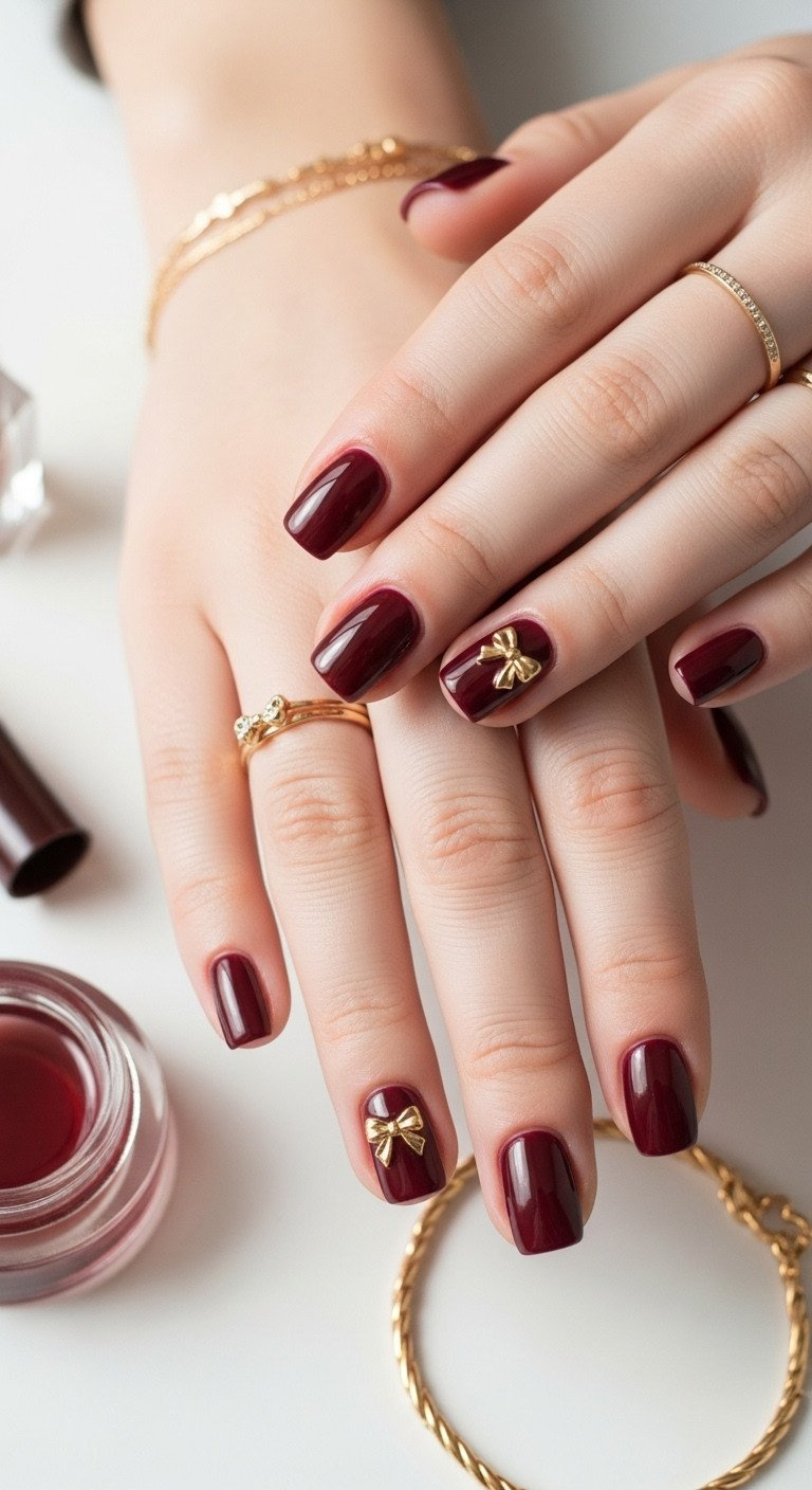 Short burgundy nails with a tiny gold flat bow decal near the cuticle, elegant on a neutral backdrop.
