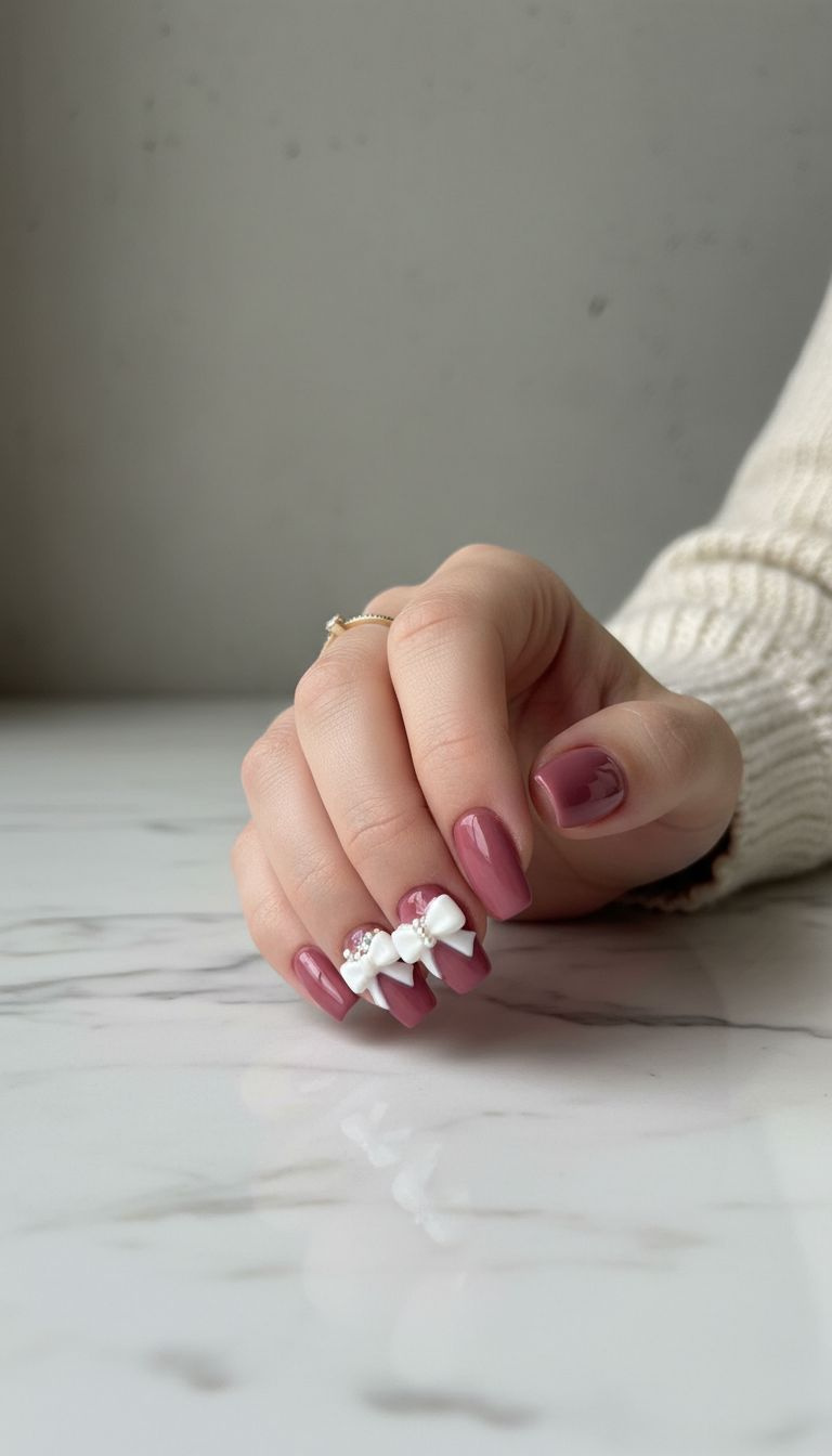 Short coffin dusty rose nails with glossy white 2D bow and pearl accents, gold ring on marble. Elegant.