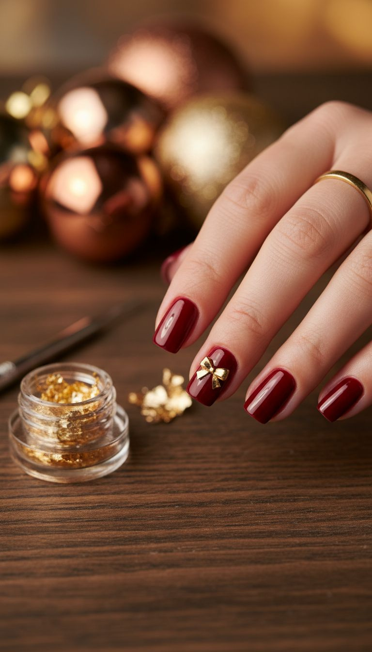 Short dark red square nails with a tiny gold foil bow detail, elegant holiday manicure on dark oak table.