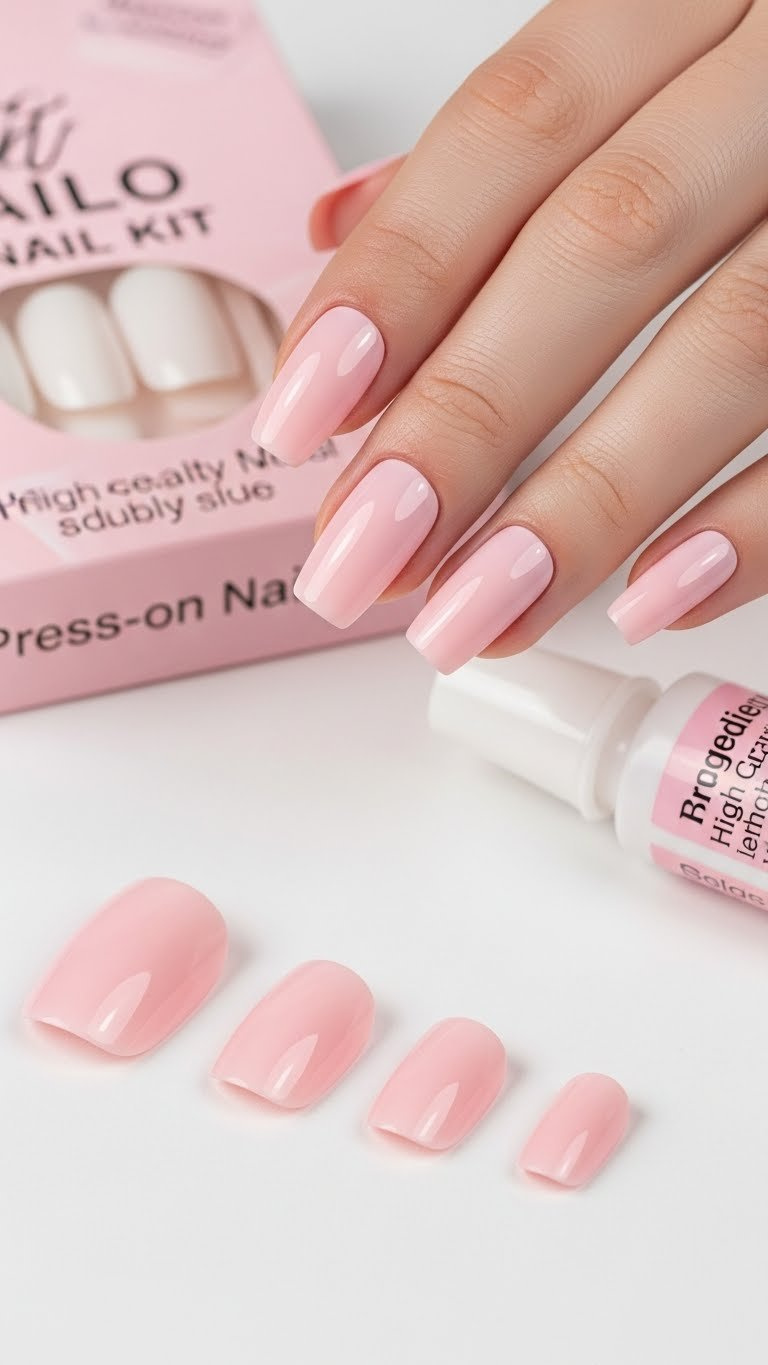 Short glossy pink stiletto press-on nails on a white desk, with blurred kit packaging and nail glue.