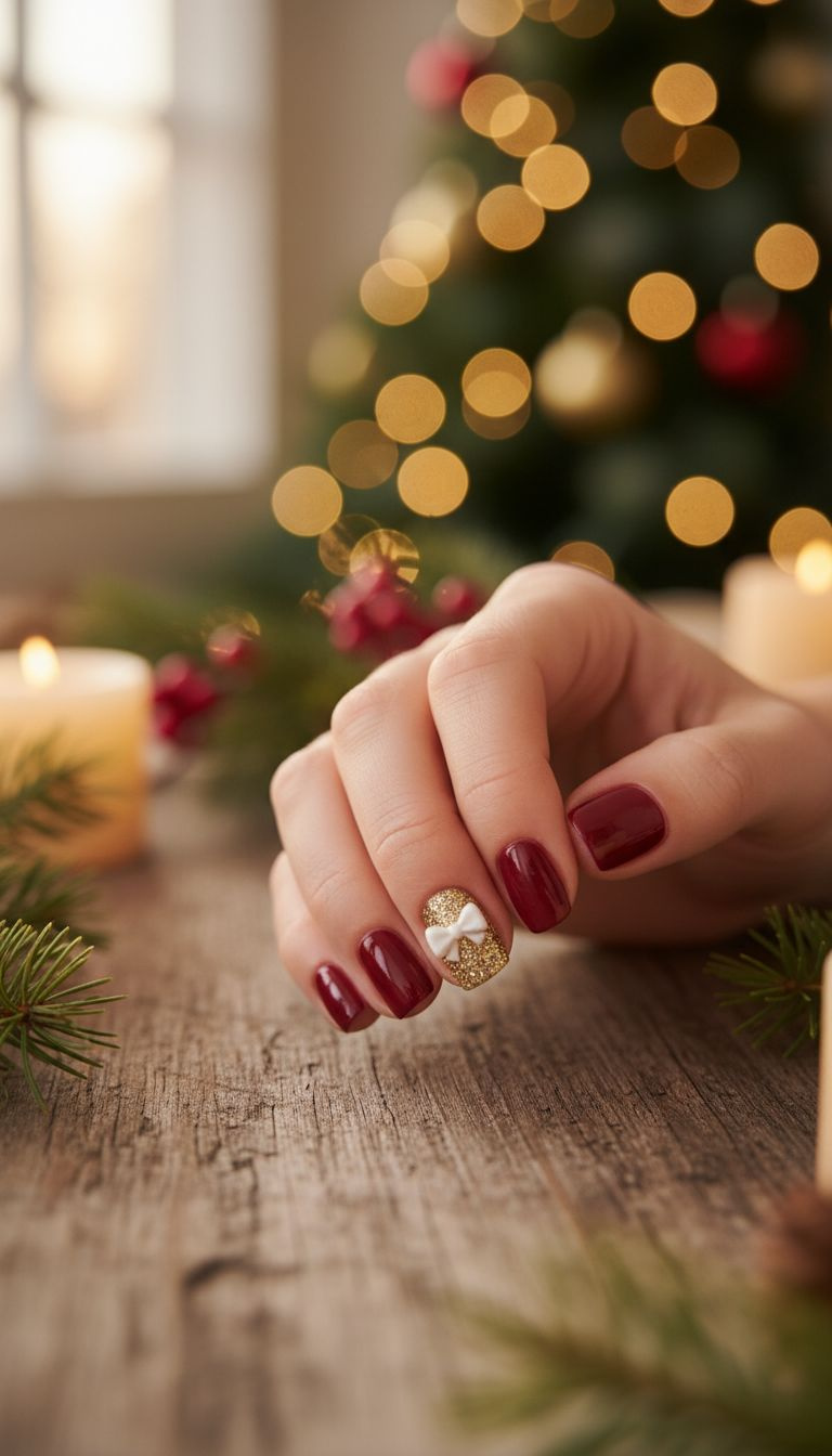 Short holiday nails: wine red polish, gold glitter accent nail with a tiny white bow. Festive design, pine sprigs, warm light.