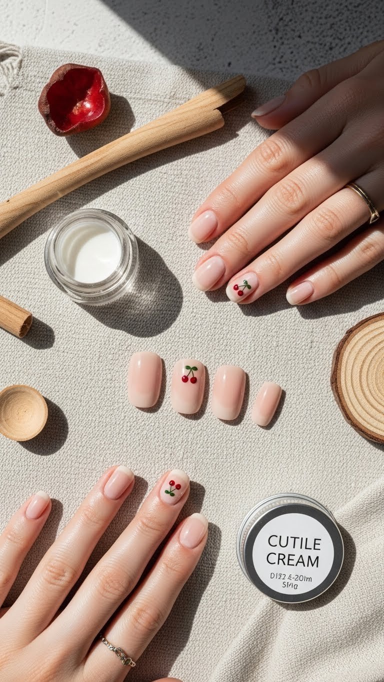 Short natural nails with sheer nude base and subtle red cherry dot, cuticle cream, wood accents.