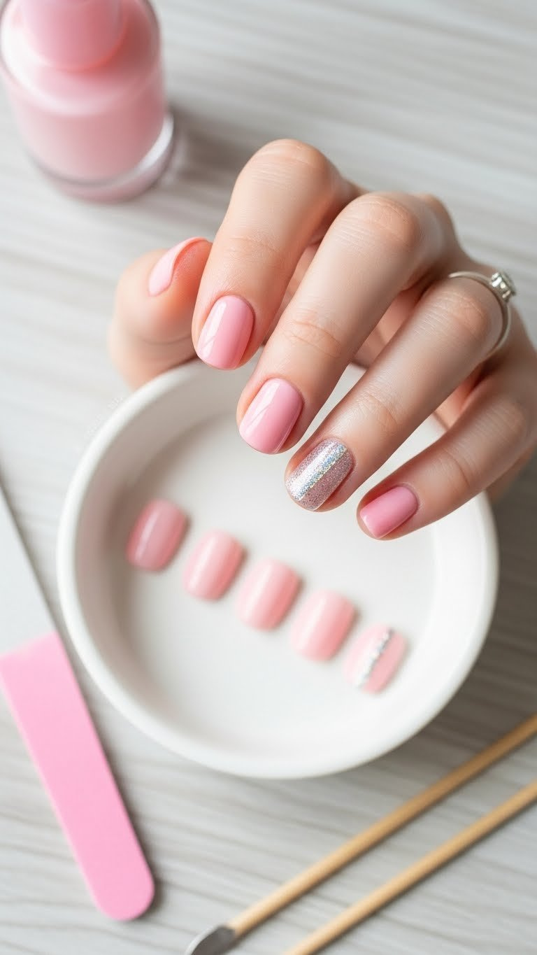 Short natural pink jelly nails with holographic silver glitter strip, white dish, light wood, nail file.