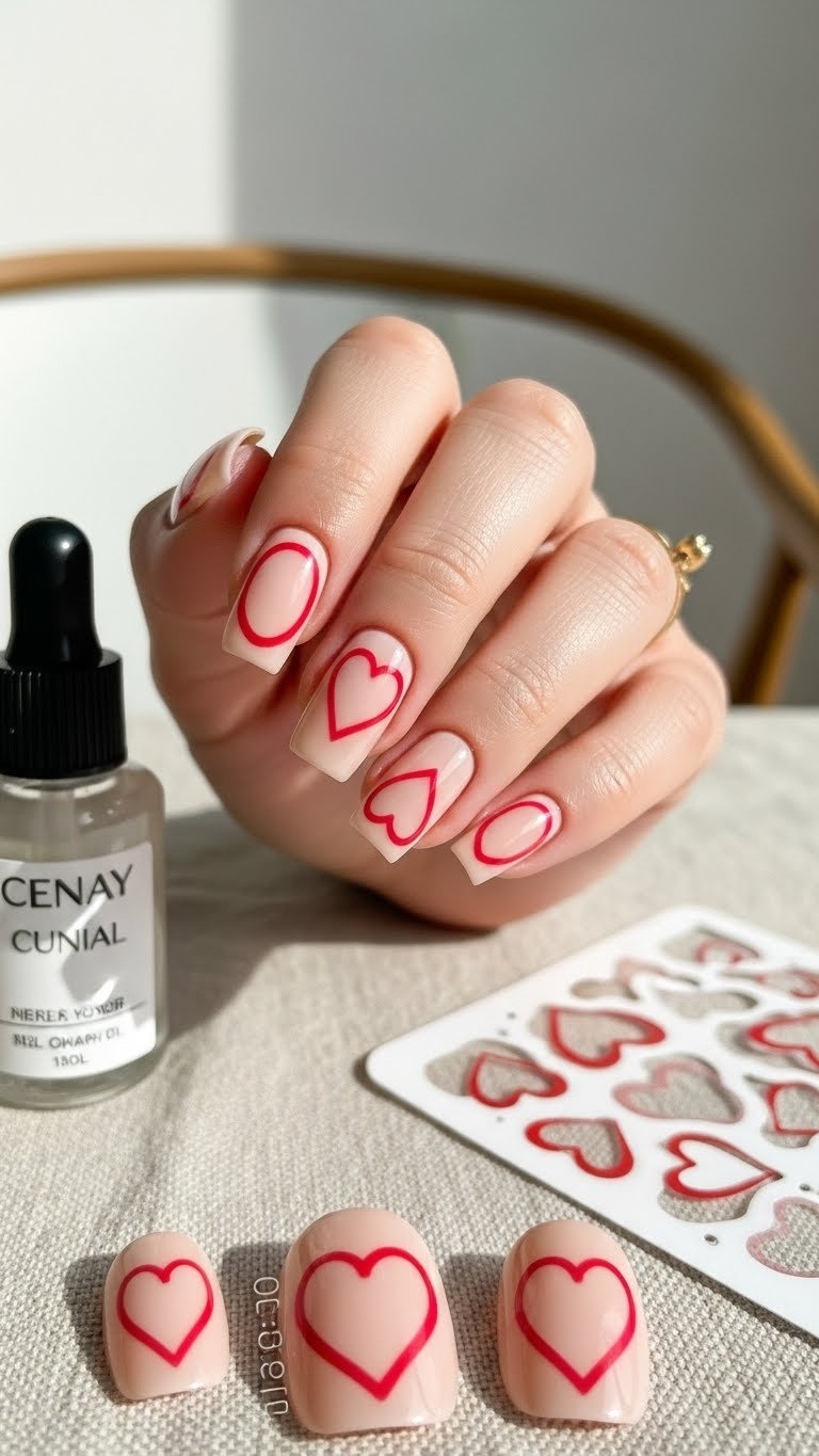 Short natural square nails with a beige nude base and delicate negative space red heart outlines, with cuticle oil.