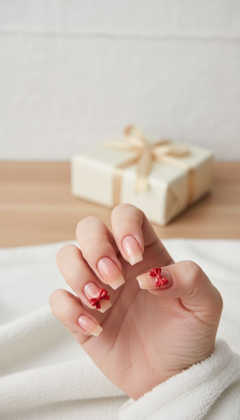 Short nude coffin Christmas nails featuring a delicate red resin bow near the cuticle, close-up with a soft bokeh and holiday gift.