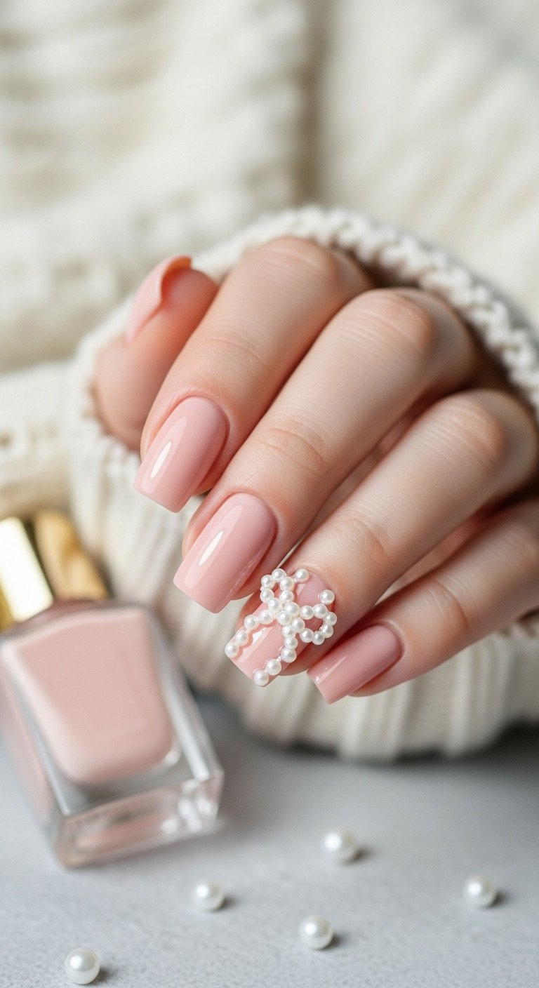 Short opaque baby pink square nails with a delicate pearl bow, scattered pearls, cuticle oil, on a gray surface.