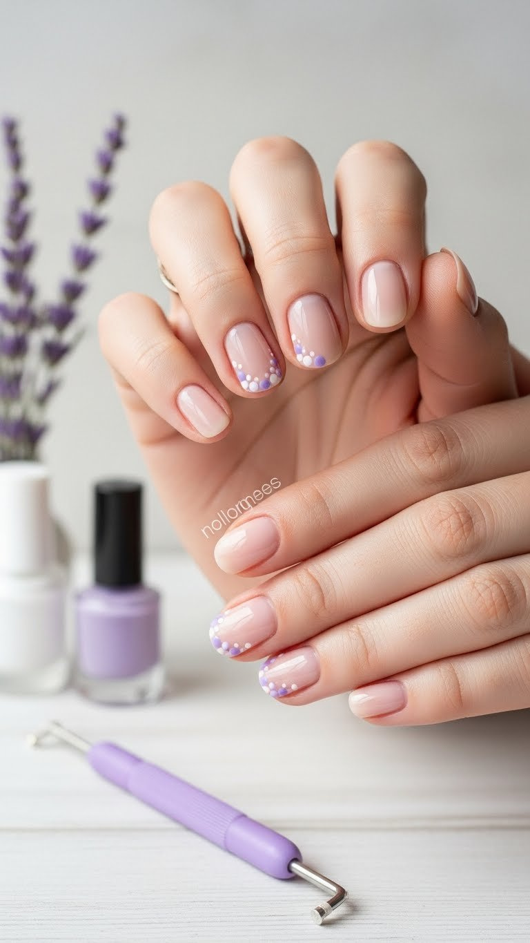 Short oval lavender dot design nails on sheer nude base with dotting tool. Simple beginner Valentine's Day manicure.