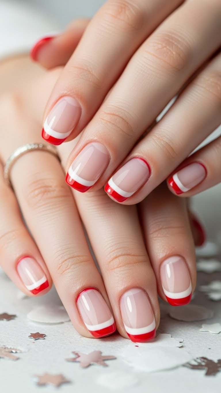 Short oval nails feature double-layered French tips: crisp white with a fine red outline. Fresh, modern nail art design.