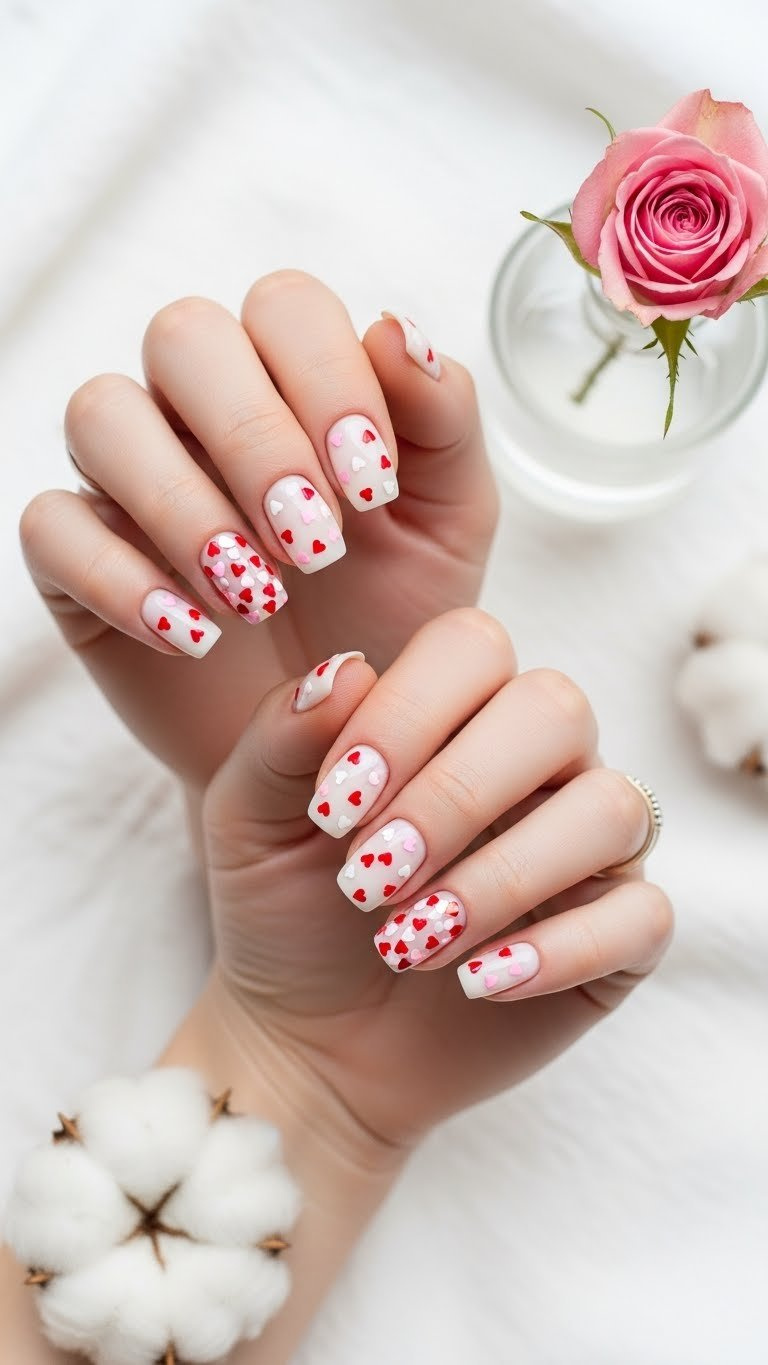 Short oval nails, milky white base with minimalist confetti heart glitter: red, pink, white. Fresh, clean nail art.
