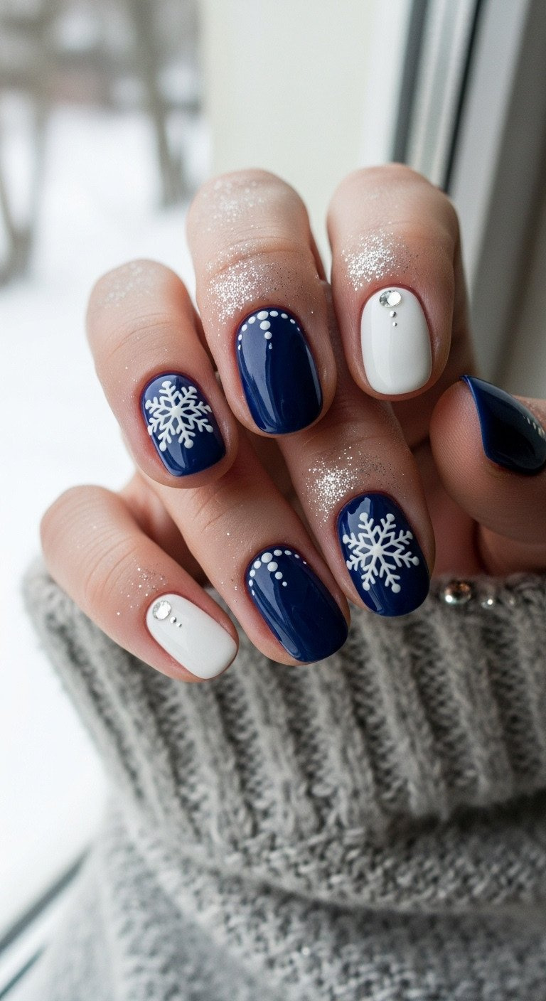 Short oval nails with elegant white snowflake on deep navy polish, serene winter manicure, silver beads & glitter.