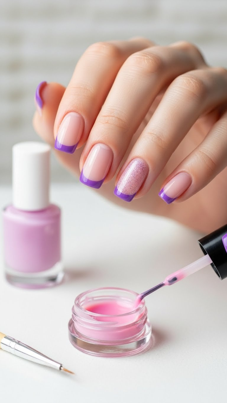 Short oval purple French tip Valentine's Day nails with sheer pink base and subtle sparkle. Elegant lilac manicure.