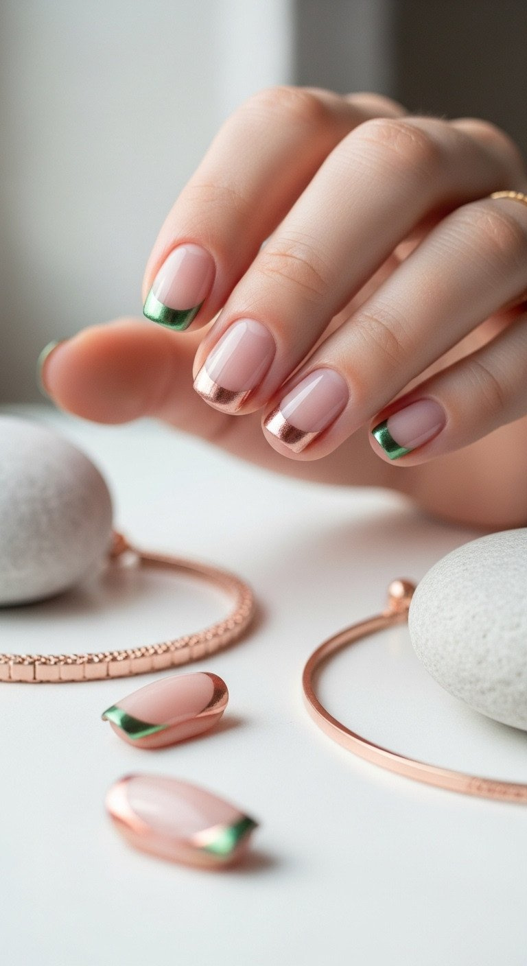 Short round nails with elegant rose gold micro French tip over sheer base, minimalist chic manicure with a bracelet.