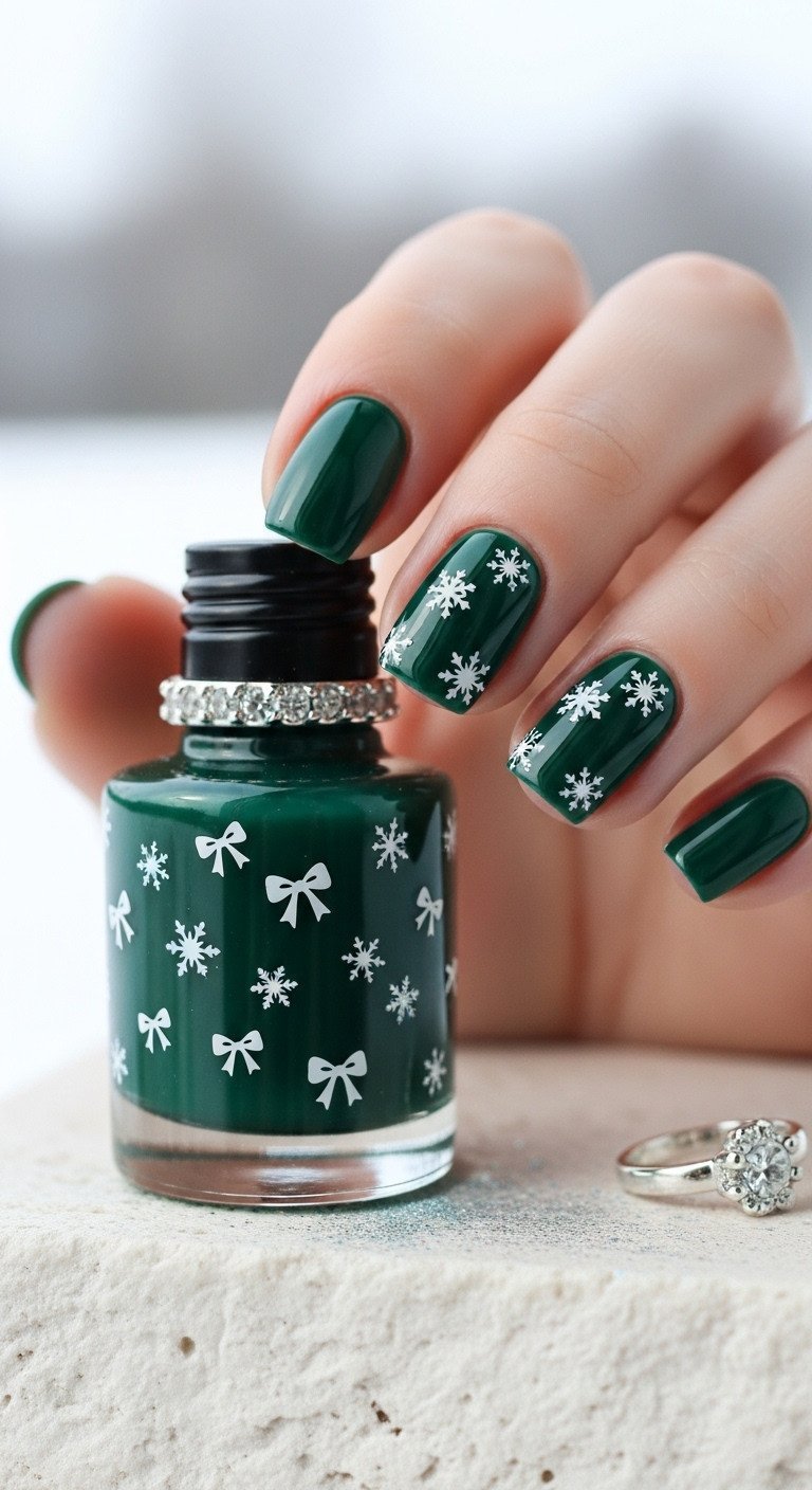 Short round opaque emerald green nails with delicate white snowflake and bow decals, elegant winter nail art design.