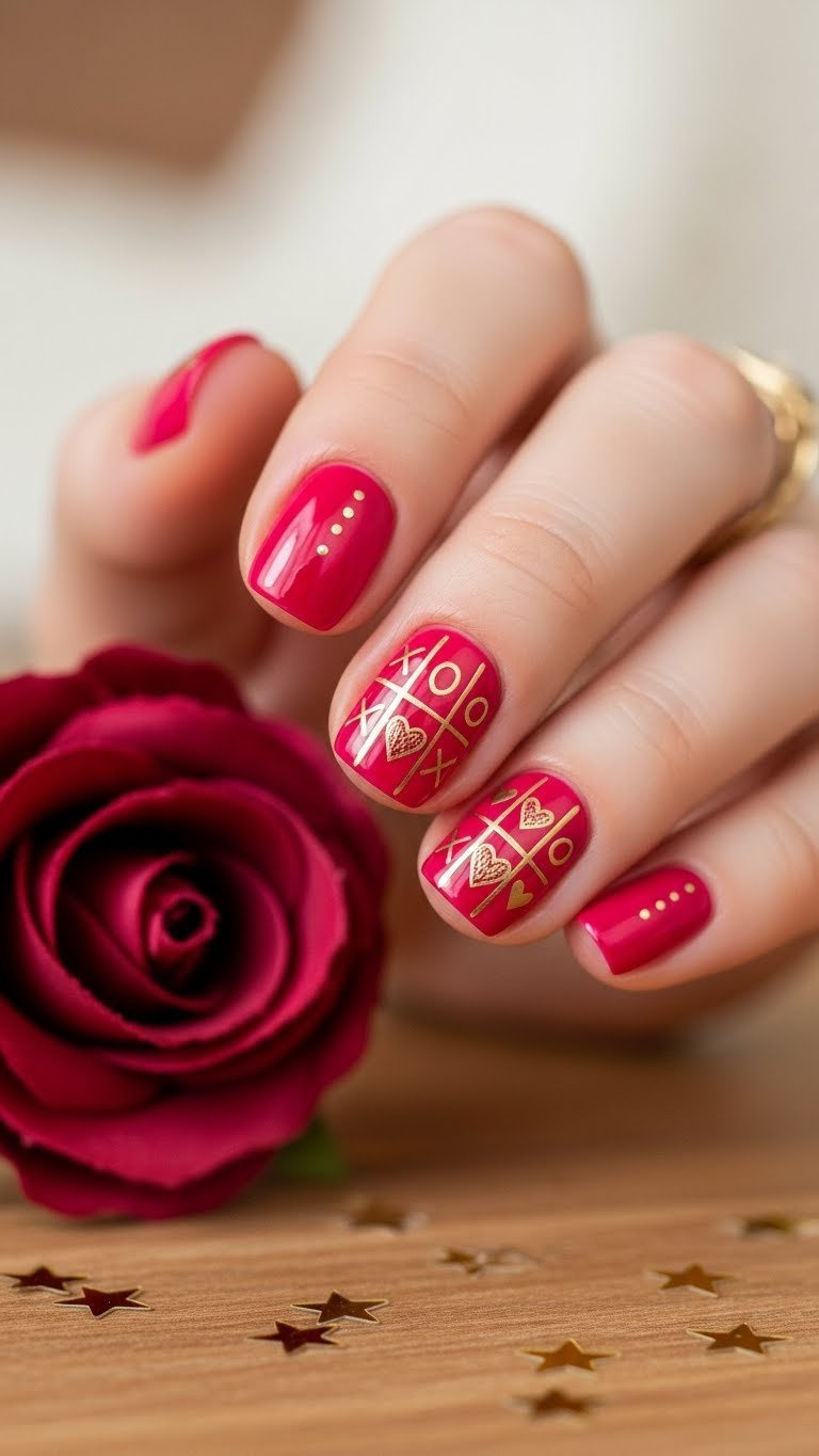 Short round raspberry pink nails with gold XOXO tic tac toe design, dotted X's & heart O's. Rustic wood, gold confetti.