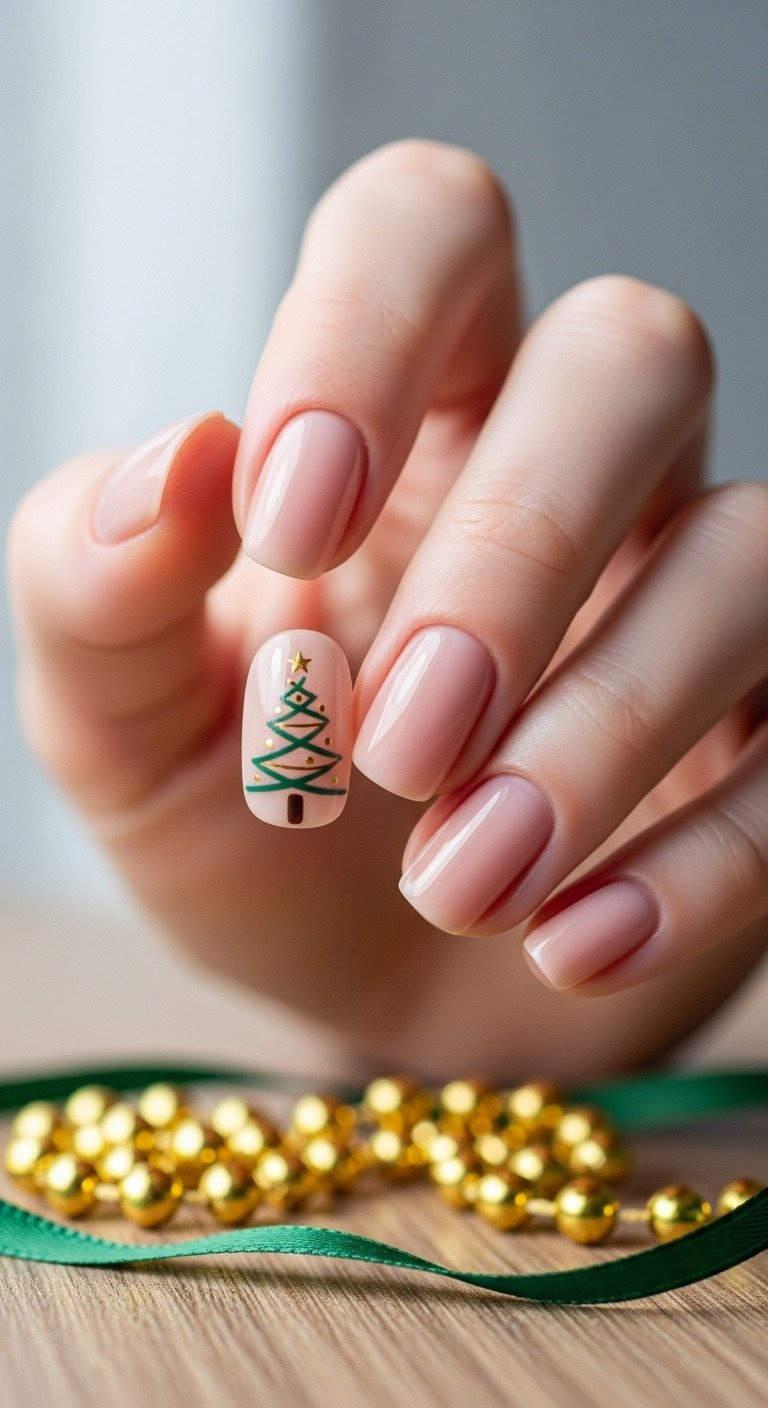 Short rounded nails feature a minimalist green Christmas tree with gold stars on a nude accent nail, festive holiday design.
