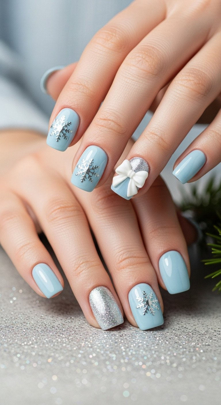Short rounded nails, pale icy blue with glossy silver snowflake decals. Accent nail has a large white bow on matte pale blue. Winter nail art.