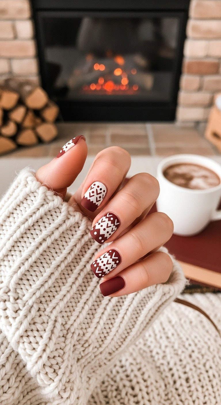 Short rounded nails with cozy matte burgundy Fair Isle pattern, creamy white design, perfect winter manicure with hot cocoa.