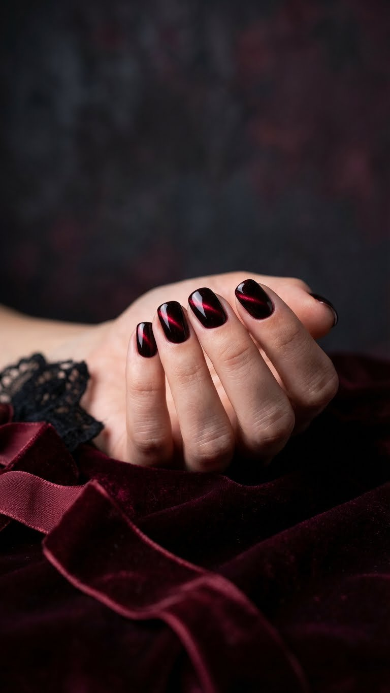 Short rounded nails with deep black cherry red cat eye, dramatic lighting on dark velvet fabric.