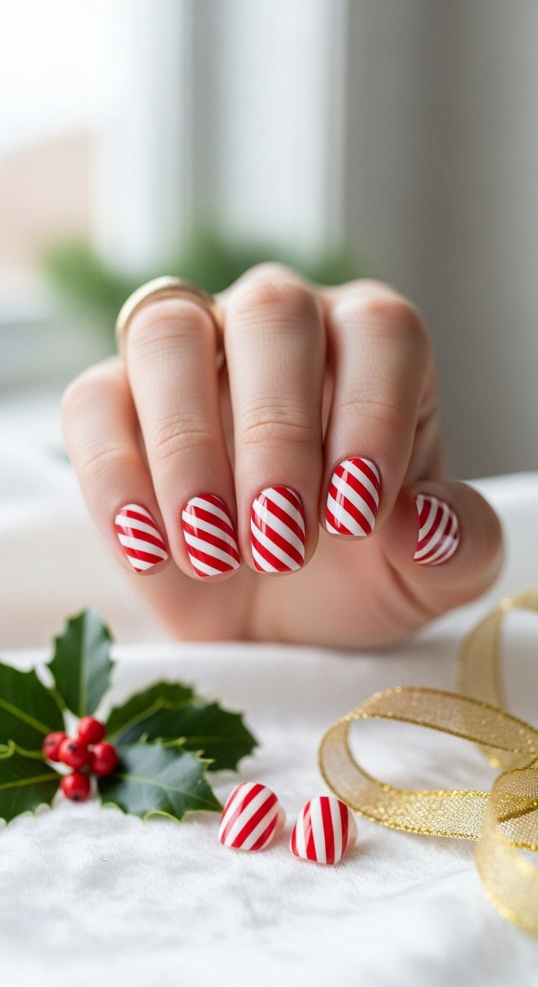 Short rounded nails with glossy red and white candy cane stripes, festive holiday manicure, set on white velvet with holly & ribbon.