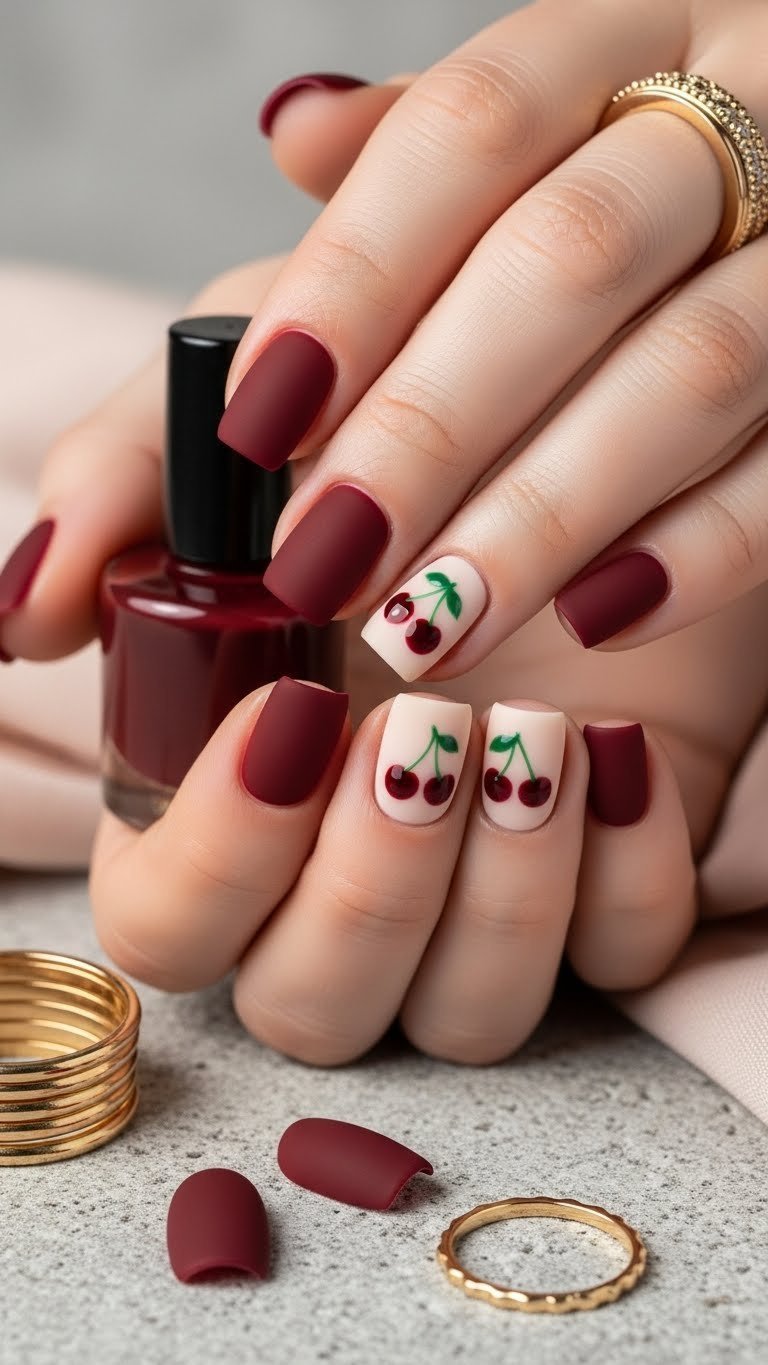 Short square nails with matte cherry red polish and glossy cherry accents, elegant gold rings on a stone surface.