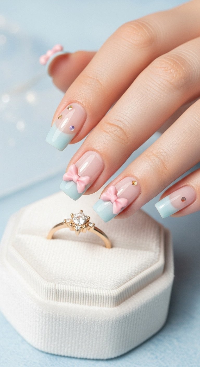 Short square nails with micro-bow art near the cuticle, elongating fingers, presented in a white velvet ring box with a gold ring.