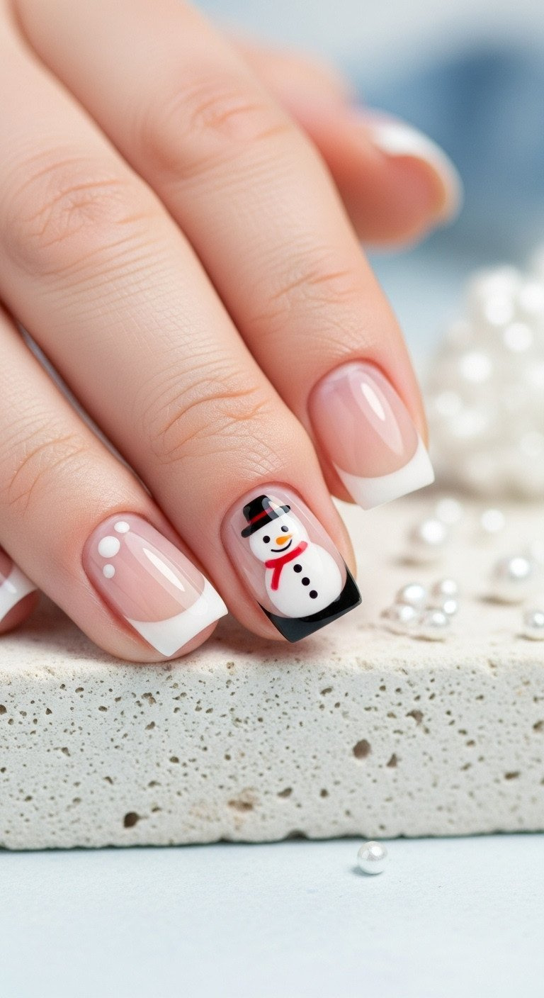 Short square nails with minimalist snowman French tip design: white dots, black hat, red scarf on sheer nude base.