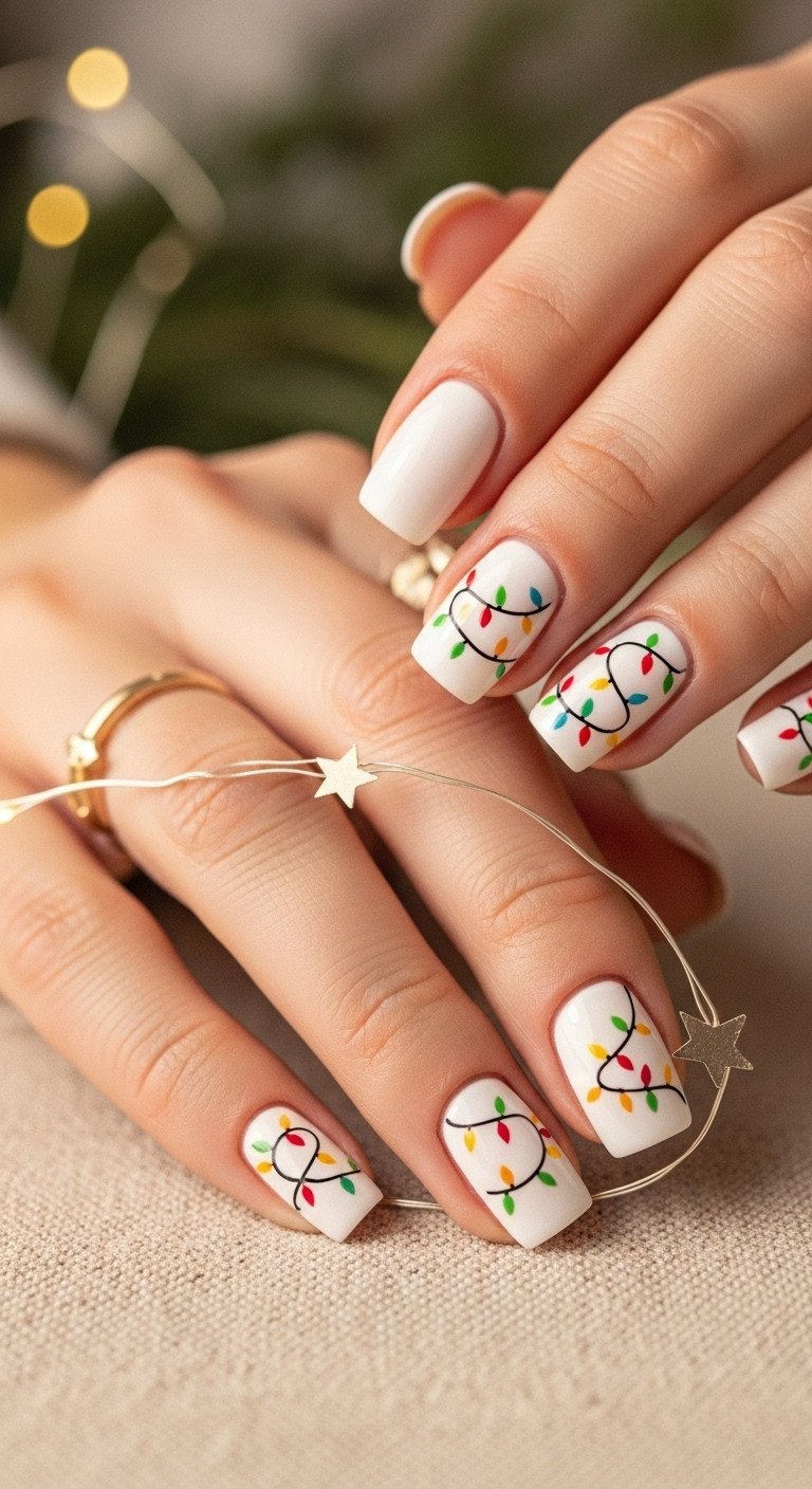 Short square nails with scaled Christmas lights nail art design diagonally across tips. Star decal, linen tablecloth.