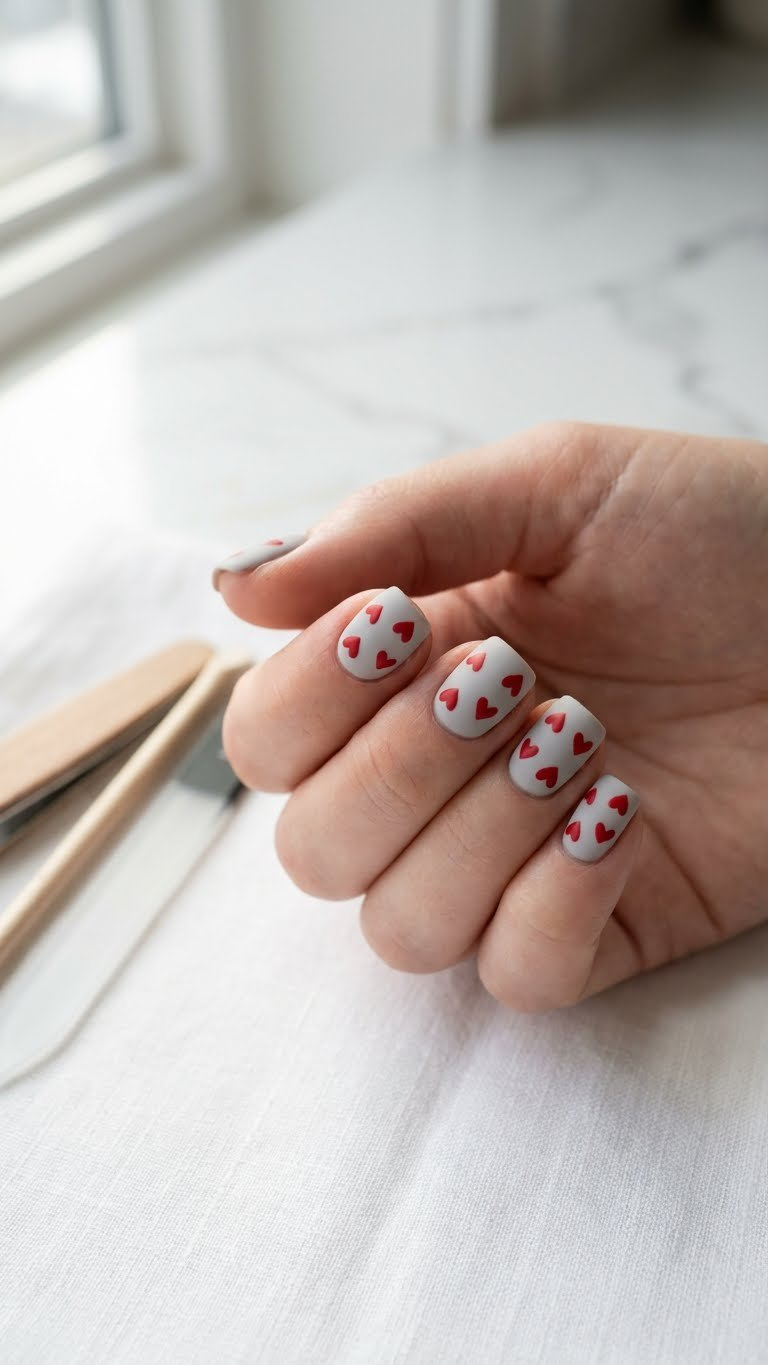 Short square nails with small red scattered hearts on a gray-white base. Manicure tools on clean white background.