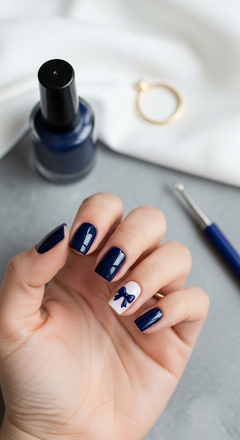 Short square navy blue nails with a delicate micro-bow decal; elegant, practical nail art with golden ring.