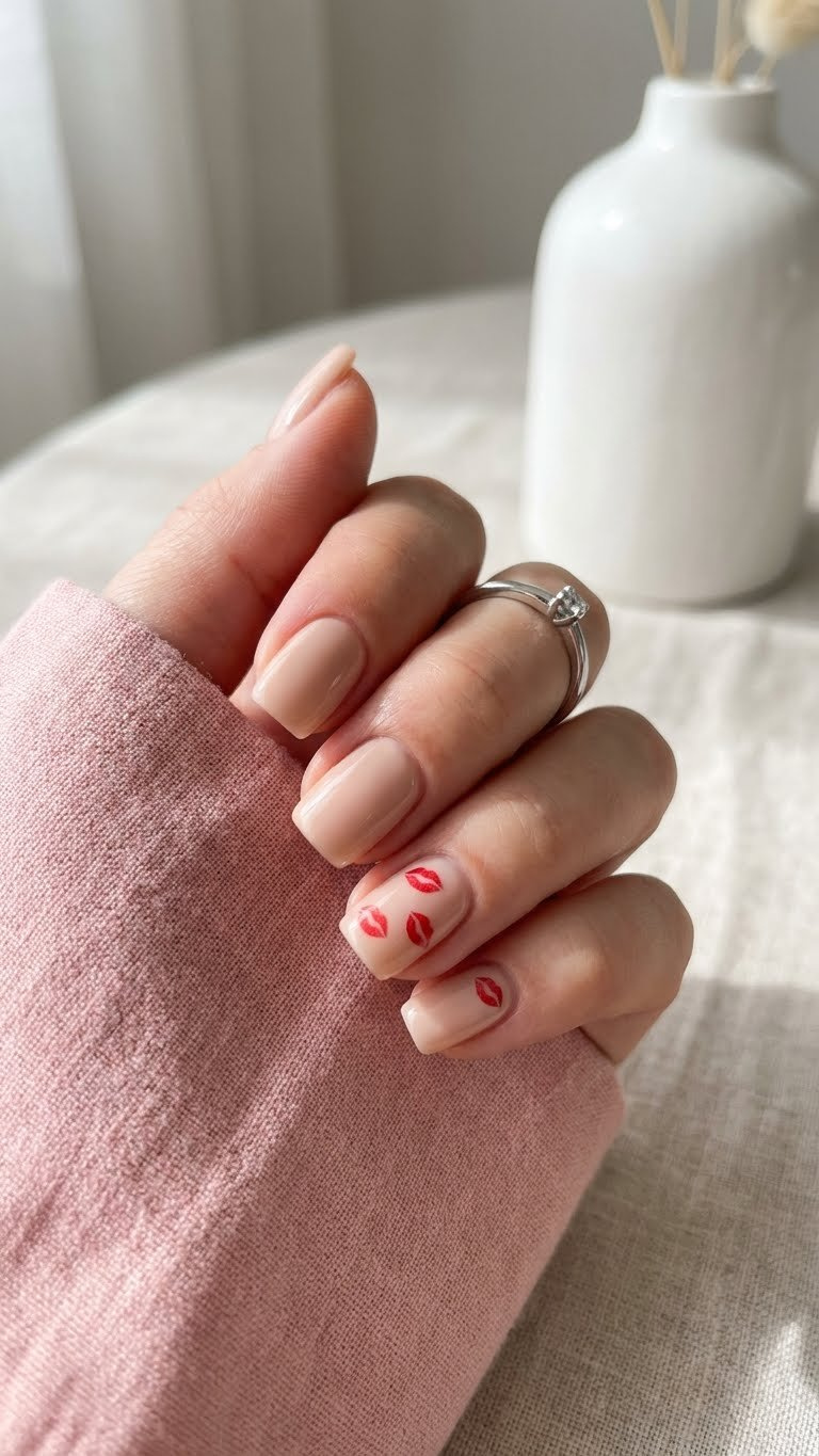 Short square nude acrylic nails with vivid red kiss mark decals, a silver ring, and a soft pink background. Chic lip print nail art.