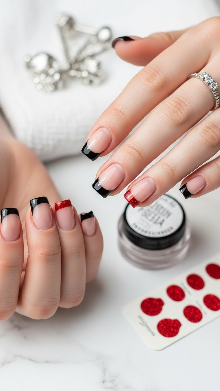 Short square nude nails with crisp black French tips and brilliant red micro-glitter accents on white marble.