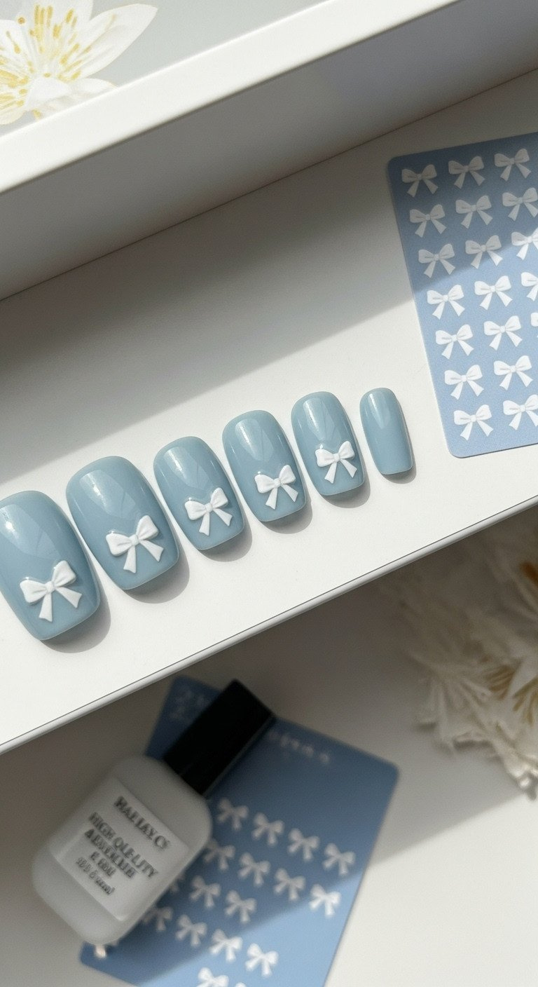Short square press-on nails in soft light blue with minimalist white bow decals near tips, alongside nail glue and bow sheet.