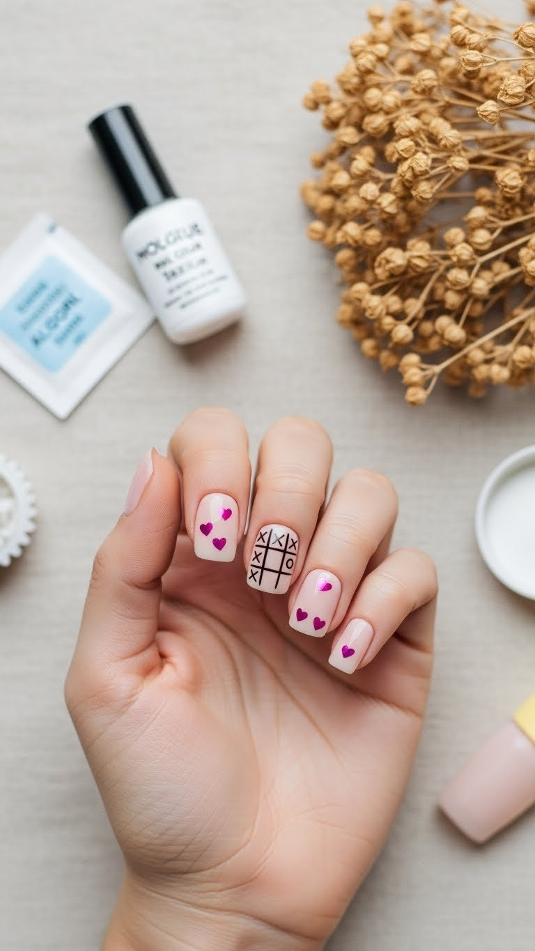 Short square press on tic tac toe nails with white X's, pink foil hearts. DIY manicure on linen, with nail glue & cuticle oil.