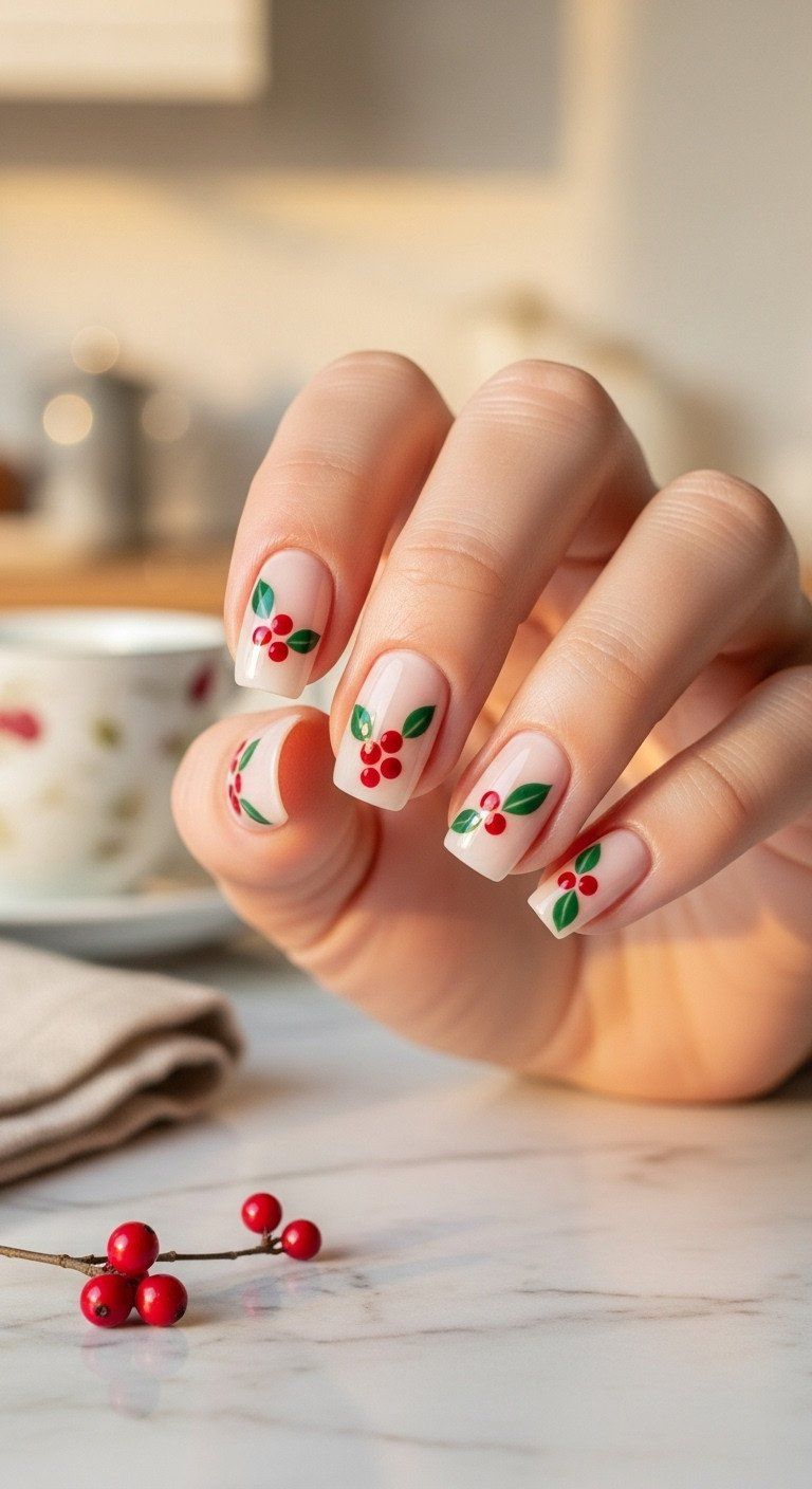 Short squoval nails with festive holly berries & green leaves on nude accent nail, classic Christmas manicure on marble.