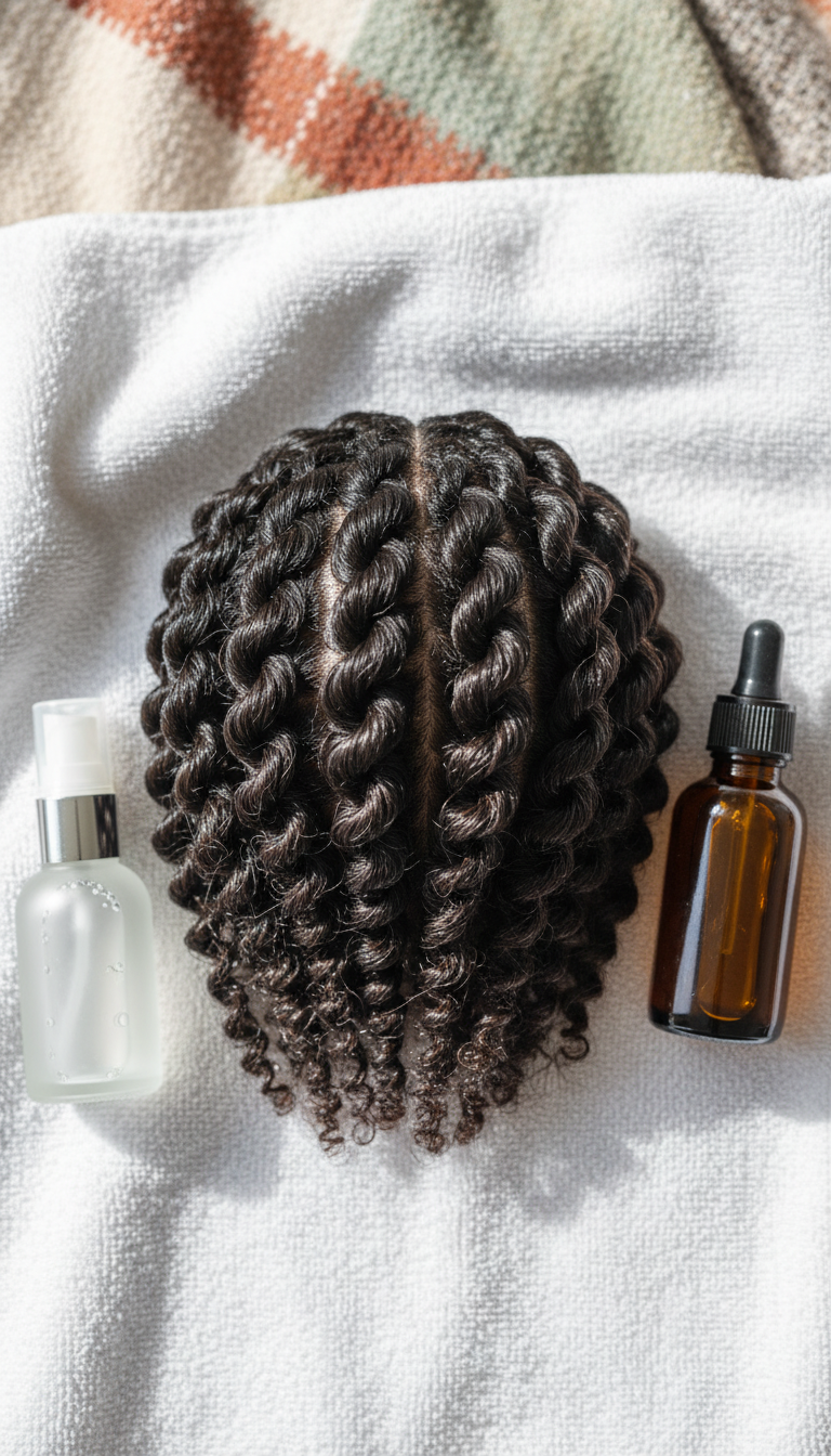 Short two strand twists with defined coil pattern, high shine from moisturization. Natural protective style for short coily hair.