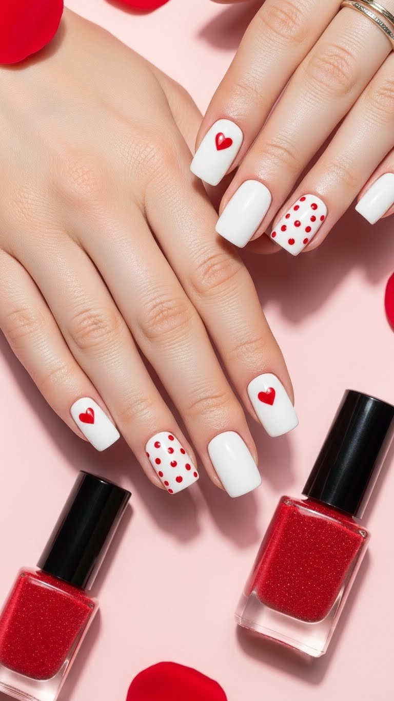 Short white square nails with a single red heart or scattered red dots. Playful and bright manicure for any occasion.