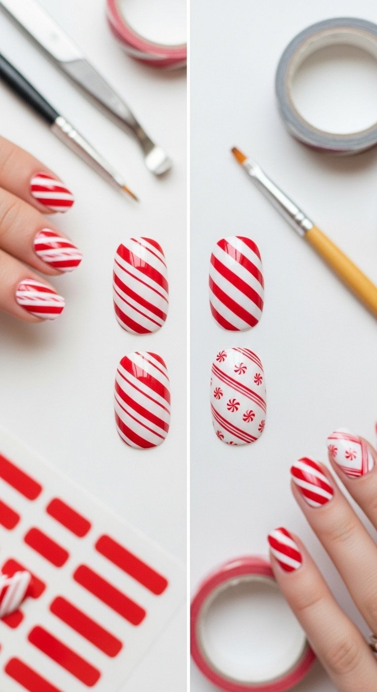 Side-by-side comparison of hand-painted and decal candy cane striped nails, highlighting precision and texture.