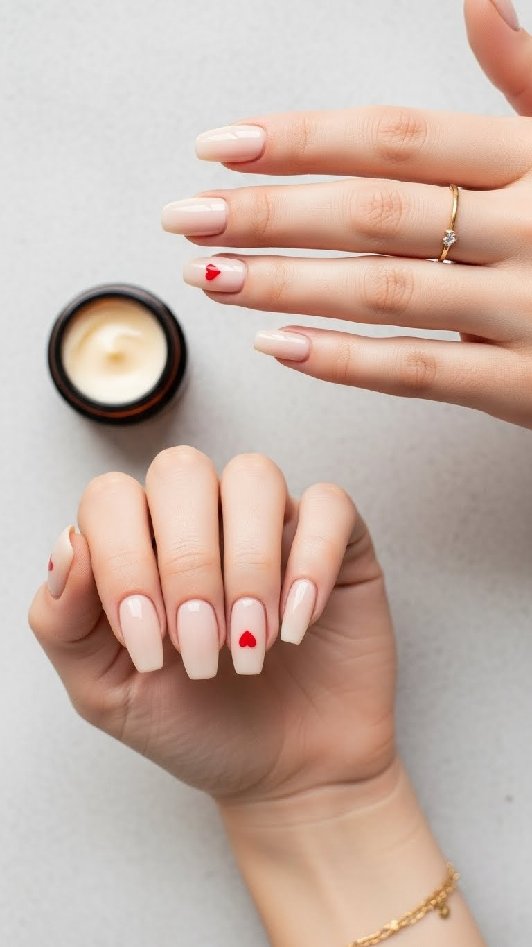 Simple Nude Coffin Nails with a high-gloss finish, featuring tiny red heart decals and subtle gold jewelry on a neutral background.