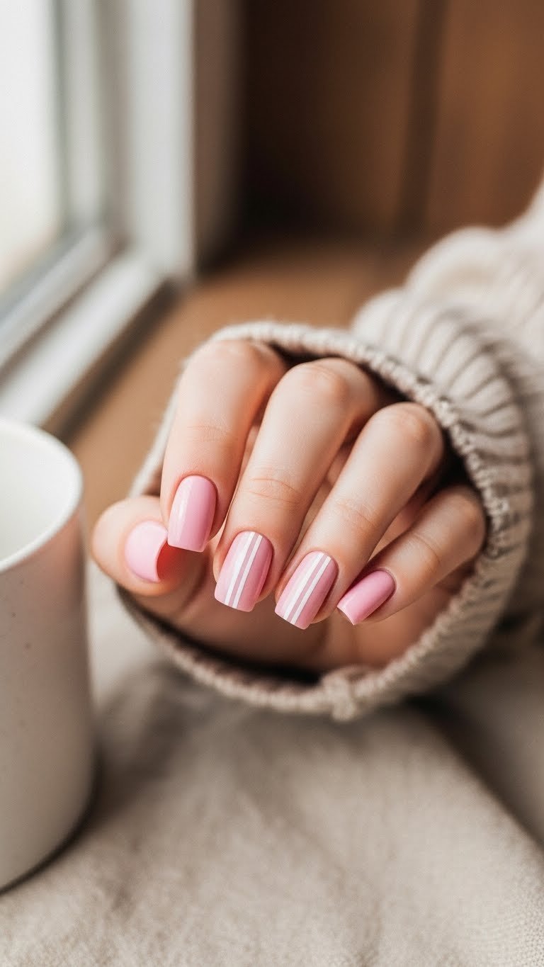 Simple pink and white short square nails, soft pink base, white vertical stripe accent, with a cozy mug on linen.