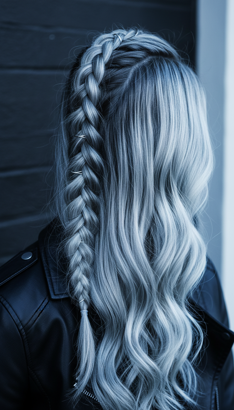 Sleek Armageddon side braid contrasted with voluminous wavy hair, accented with metallic cuffs against a leather jacket and dark wall.