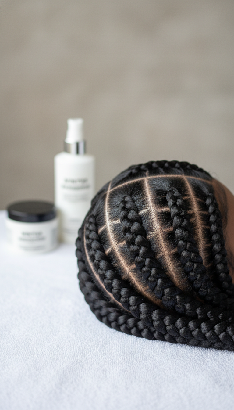 Sleek Jumbo Ghana Cornrows, thick, defined feed-in style, maximum scalp protection. Bright daylight, crisp white towel.