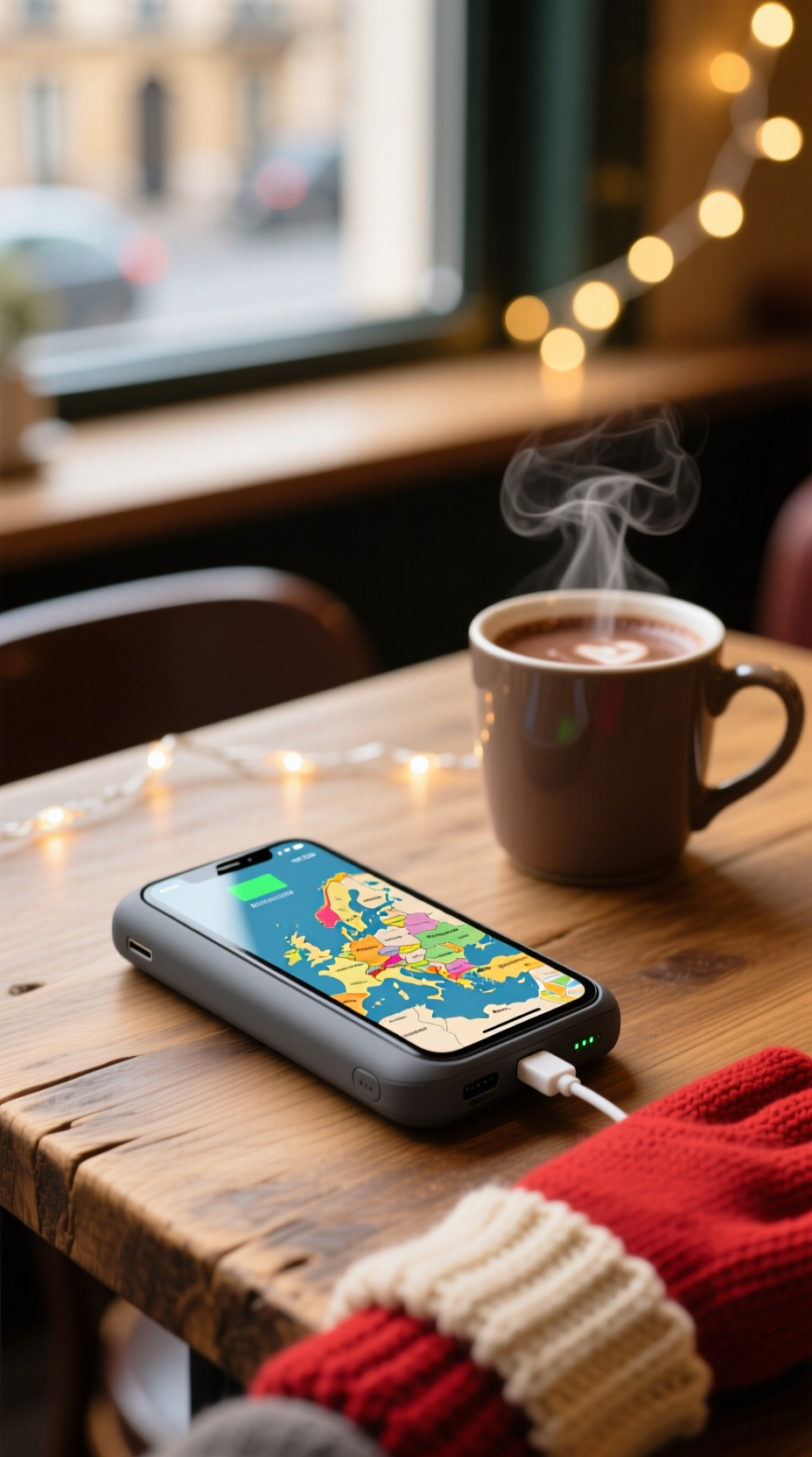 Sleek dark-gray portable power bank charging a smartphone on a rustic wooden cafe table next to a mug of hot chocolate.