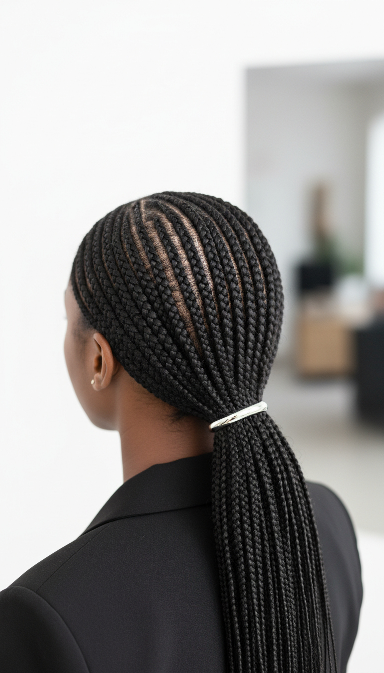 Sleek, defined micro braids styled into a low ponytail, featuring neat parting, thin braids, and a metallic cuff holder.