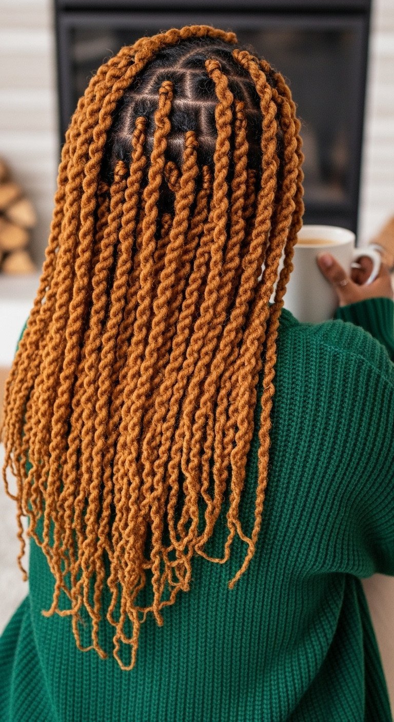 Sleek ginger spice Senegalese twists, vibrant orange-brown, uniform, with clean parts. Paired with a deep green sweater & silver ring.