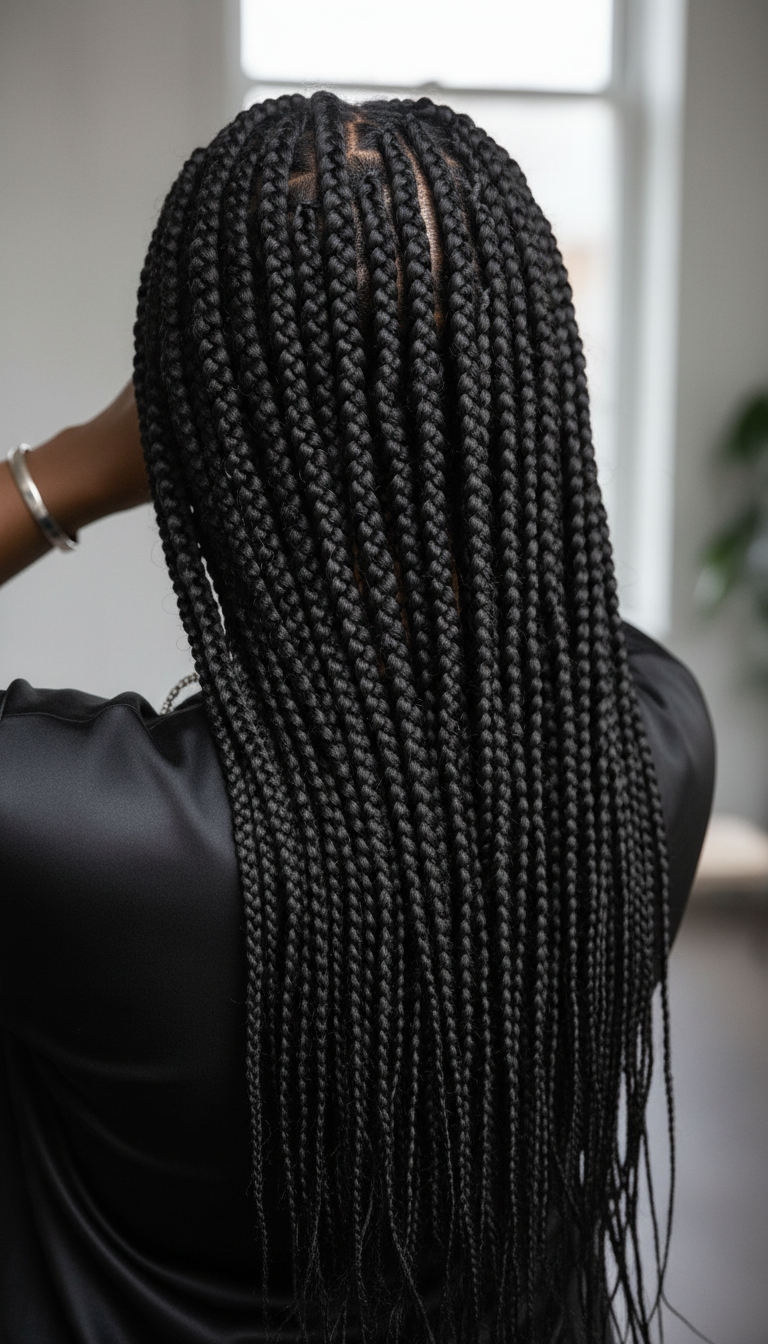 Sleek, glossy Senegalese twists, highly defined with rope-like texture, elegantly falling down the back with silver jewelry.