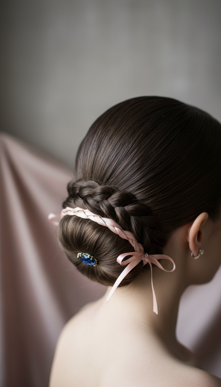 Sleek low braided bun, a timeless chignon with a central braid, perfect for formal occasions, subtly adorned with studs.