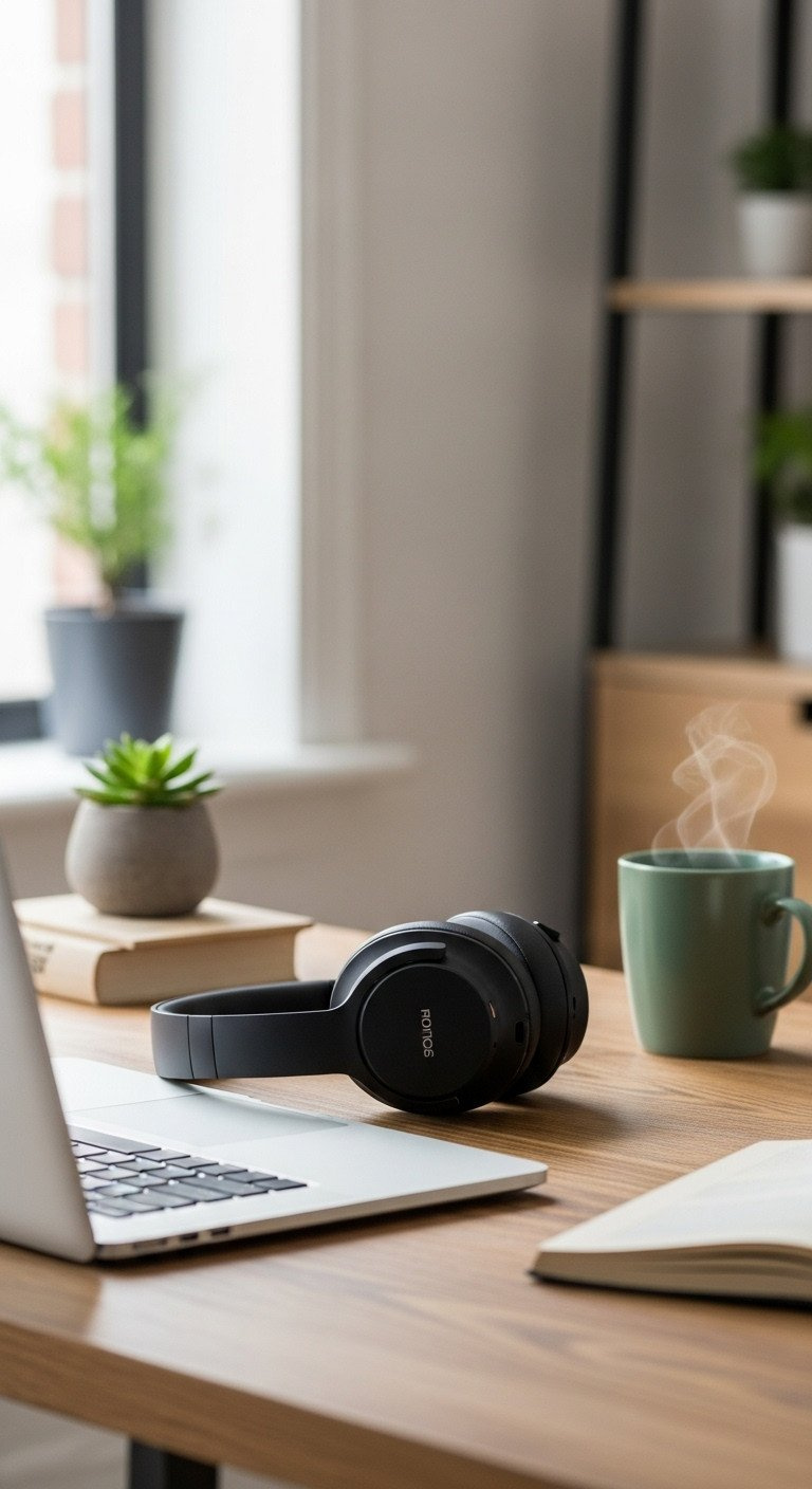 Sleek matte black noise-canceling headphones on an oak desk with a laptop, a succulent, and a steaming coffee mug.