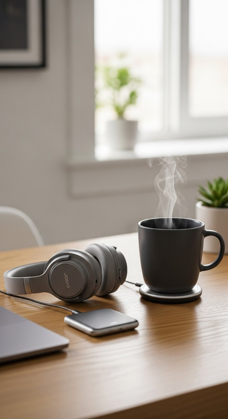 Sleek minimalist desk setup with wireless headphones, a steaming smart mug, and a charging pad on an oak wood surface.