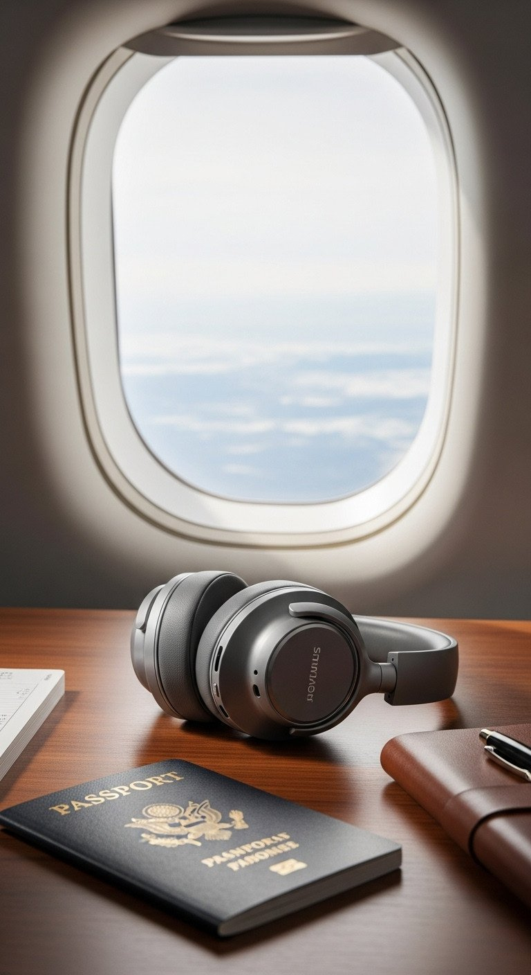 Sleek, modern over-ear noise-canceling headphones next to a passport and journal, essential tech for focus and travel.