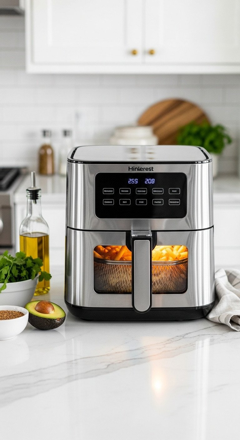 Sleek stainless steel air fryer with golden french fries on a white quartz kitchen counter next to fresh avocados.